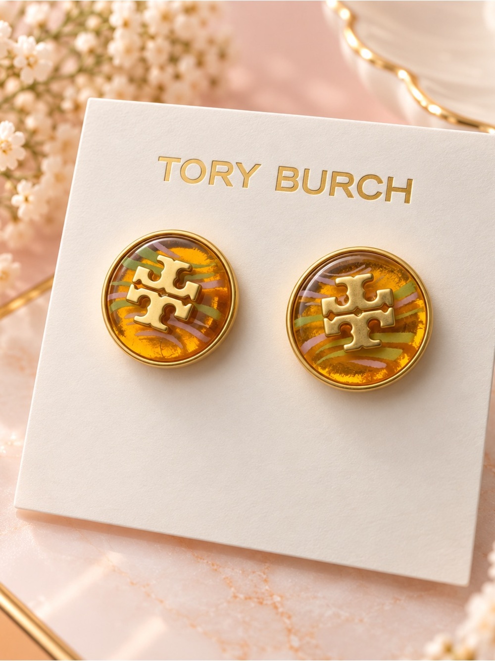 Tory Burch Gold-Tone Amber Logo Stud Earrings